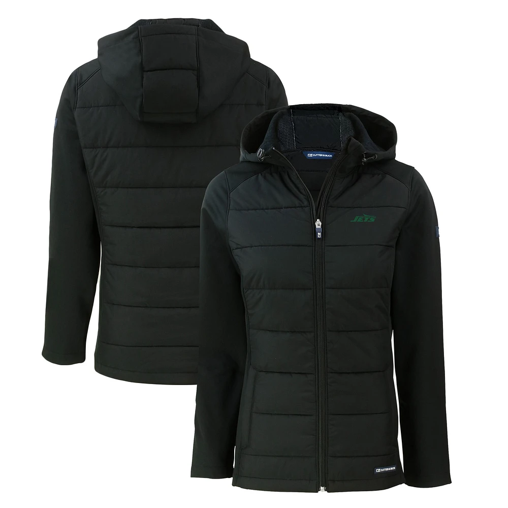 Women's Cutter & Buck Black New York Jets Primary Logo Evoke Hybrid Eco Softshell Recycled Full-Zip Hoodie Jacket