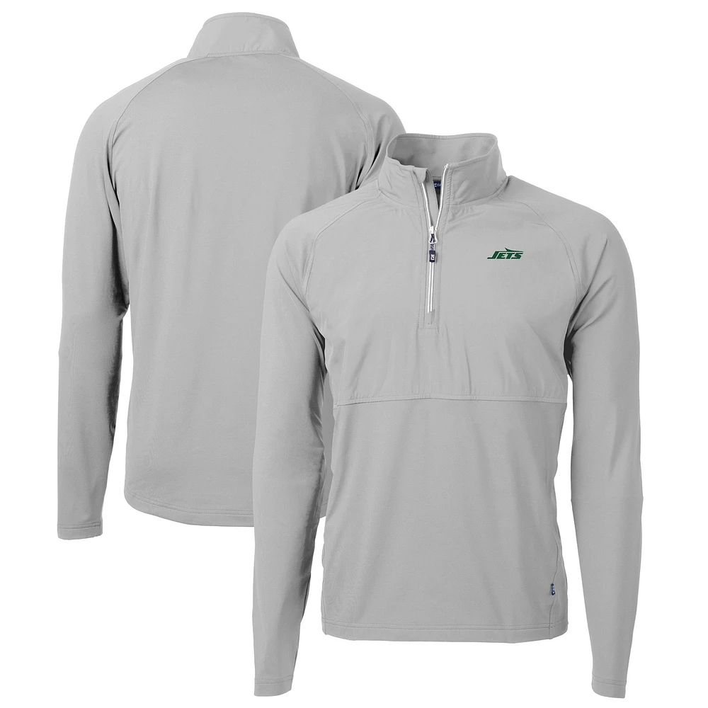 Men's Cutter & Buck Gray New York Jets Primary Logo Adapt Eco Knit Hybrid Recycled Raglan Quarter-Zip Top