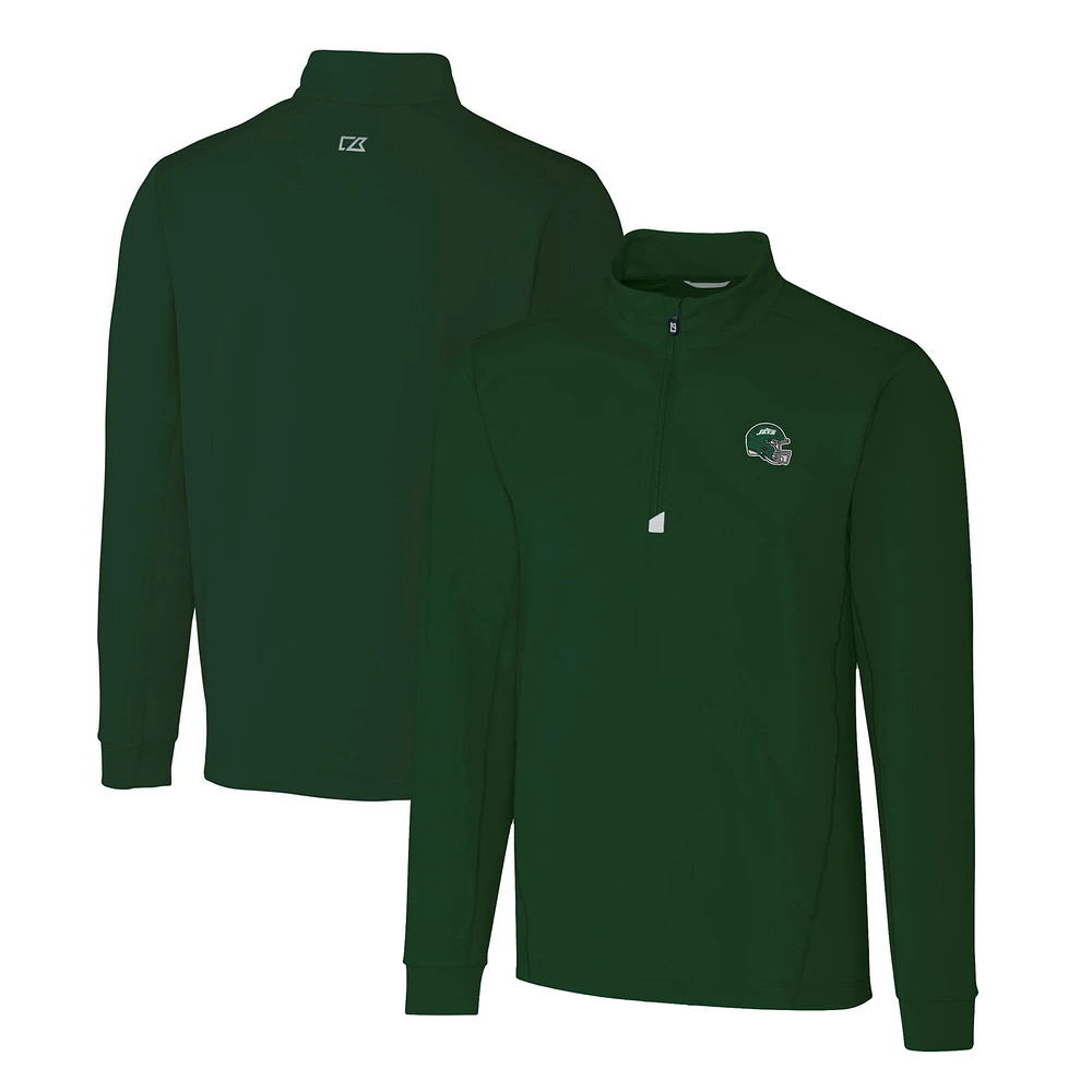 Men's Cutter & Buck Hunter Green New York Jets Helmet Traverse Stretch Quarter-Zip Top