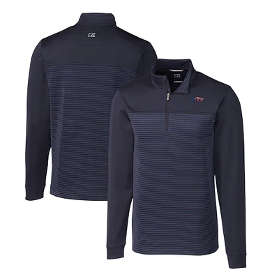 Men's Cutter & Buck Navy New York Jets Americana Traverse Stretch Stripe Eco DryTec Tri-Blend Quarter-Zip Top