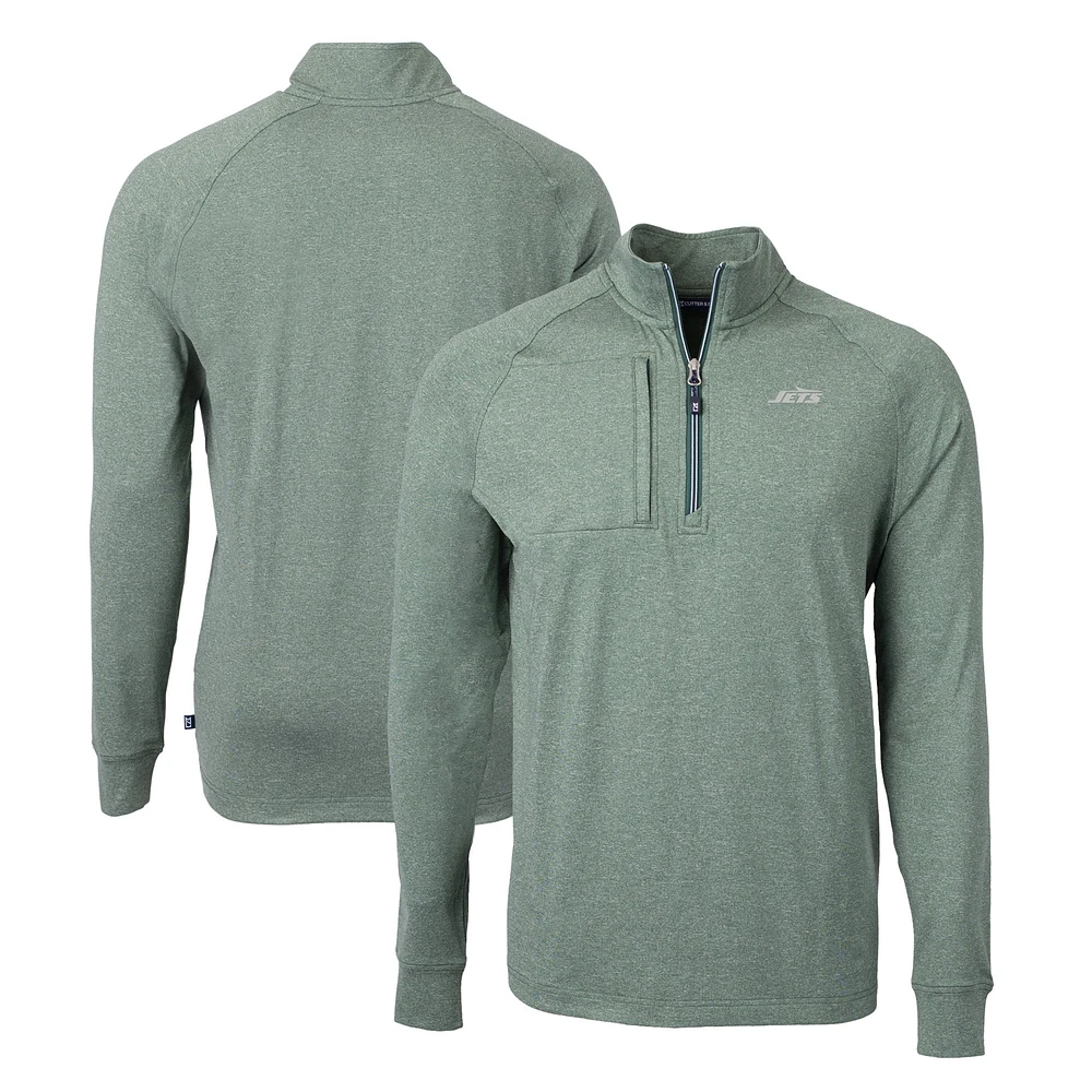Men's Cutter & Buck Heather Green New York Jets Primary Logo Adapt Eco Knit Quarter-Zip Top