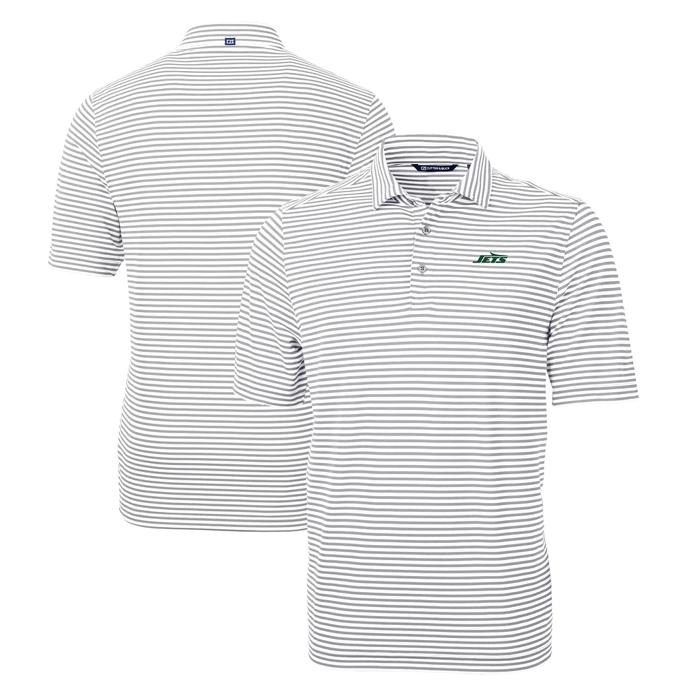 Men's Cutter & Buck Gray New York Jets Primary Logo Virtue Eco Pique Stripe Recycled Polo