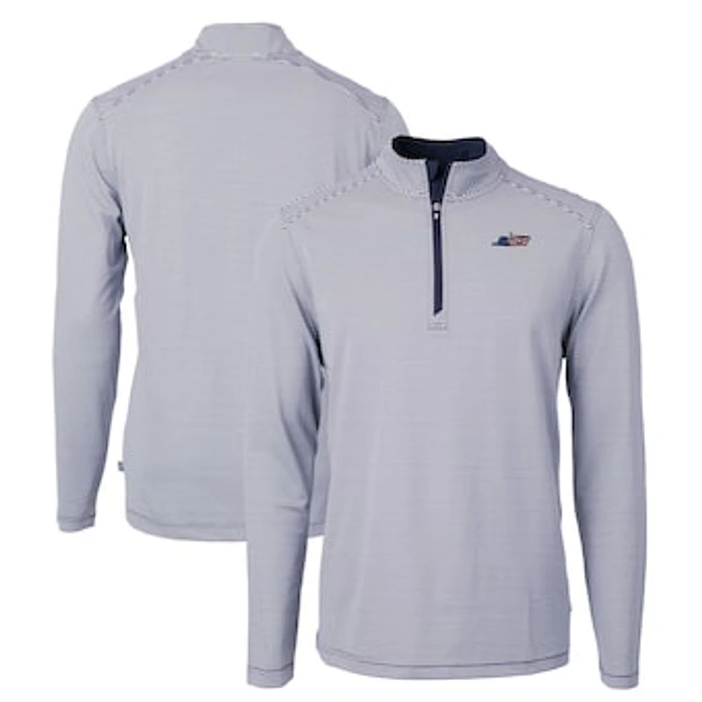 Men's Cutter & Buck Navy/White New York Jets Americana Virtue Eco Pique Micro Stripe Recycled Quarter-Zip Pullover Top