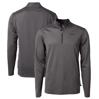 Men's Cutter & Buck Black/Gray New York Jets Primary Logo Virtue Eco Pique Micro Stripe Recycled Quarter-Zip Pullover Top