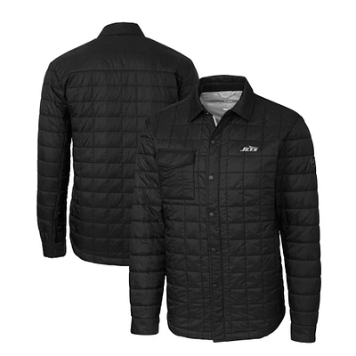 Men's Cutter & Buck Black New York Jets Monochromatic Logo Rainier PrimaLoft Eco Insulated Quilted Full-Zip Shacket