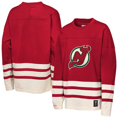 Youth Mitchell & Ness Red New Jersey Devils Chainstitch Heavyweight Long Sleeve Top