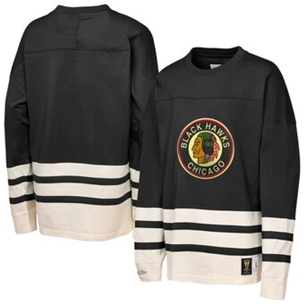 Youth Mitchell & Ness Black Chicago Blackhawks Chainstitch Heavyweight Long Sleeve Top