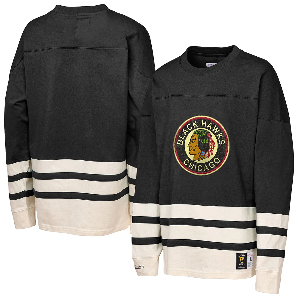Youth Mitchell & Ness Black Chicago Blackhawks Chainstitch Heavyweight Long Sleeve Top