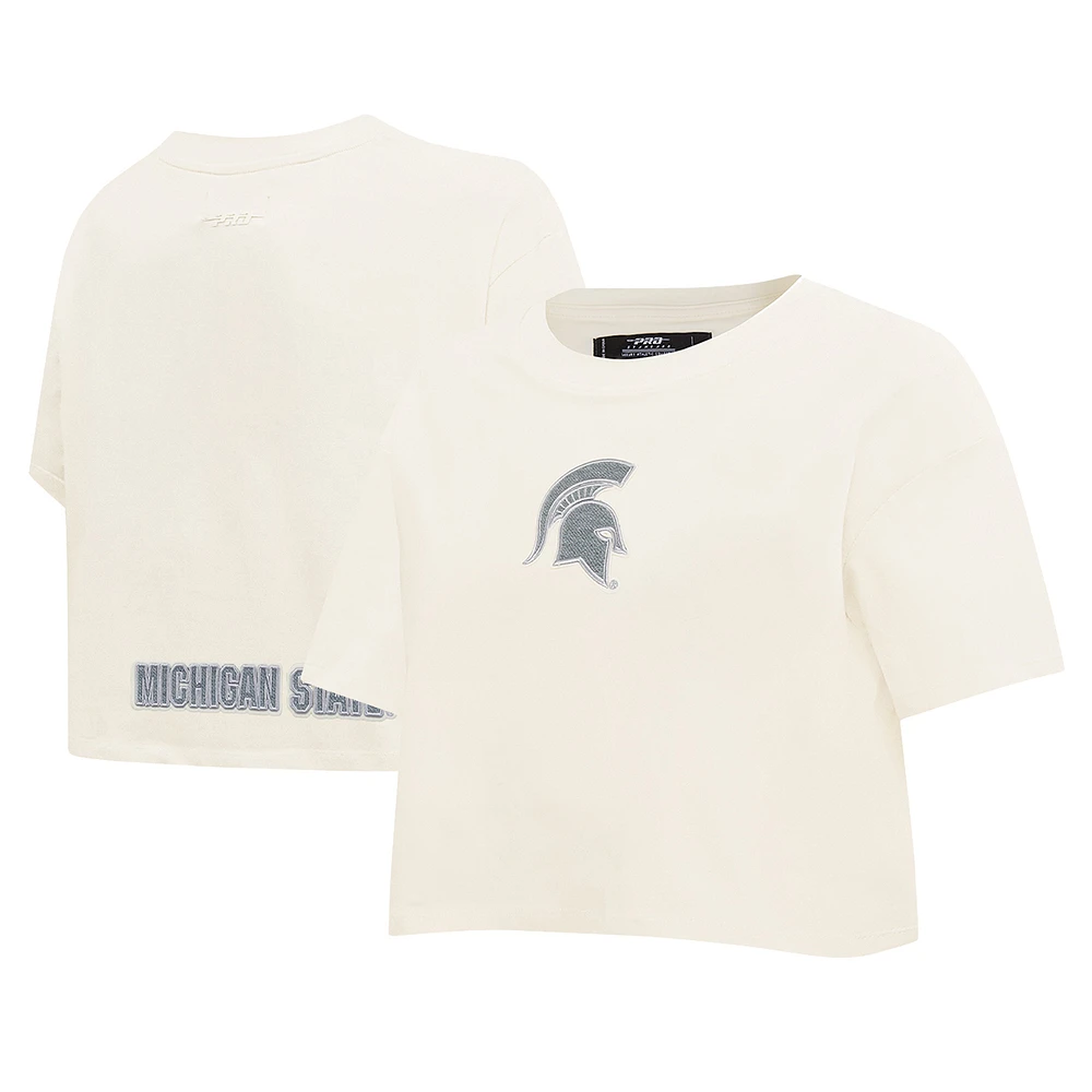 Women's Pro Standard Cream Michigan State Spartans Reverse French Terry Boxy Cropped T-Shirt
