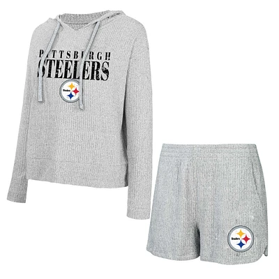 Women's Concepts Sport Gray Pittsburgh Steelers Juniper Long Sleeve Hoodie Top & Shorts Set