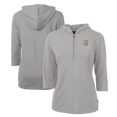 Women's Cutter & Buck Gray Oklahoma Sooners SEC Virtue Eco Pique Recycled 3/4-Sleeve Half-Zip Pullover Hoodie