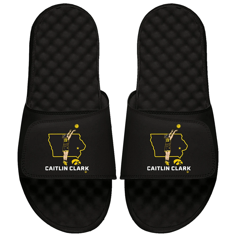 Unisex ISlide Caitlin Clark Black Iowa Hawkeyes Player State Outline Slide Sandals