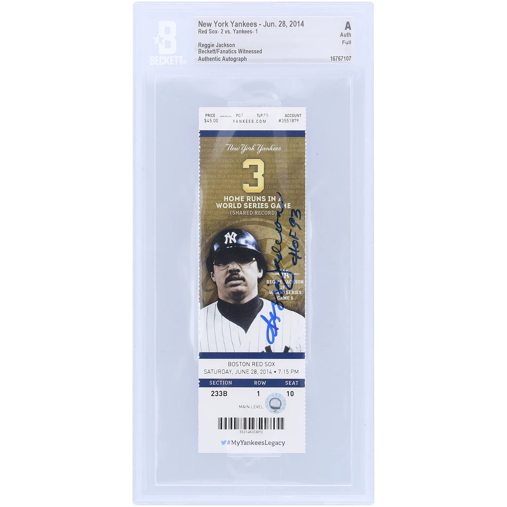 Reggie Jackson New York Yankees Autographed Beckett/Fanatics Witnessed Authenticated Ticket with "HOF 93" Inscription