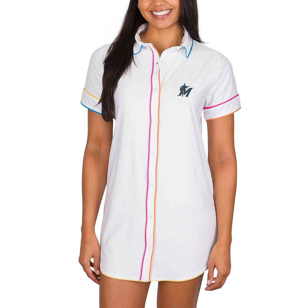 Women's Concepts Sport White Miami Marlins Flutter Knit Button-Up Nightshirt