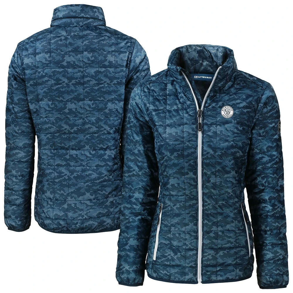 Women's Cutter & Buck Navy Milwaukee Brewers Rainier PrimaLoft Eco Insulated Full-Zip Printed Puffer Jacket