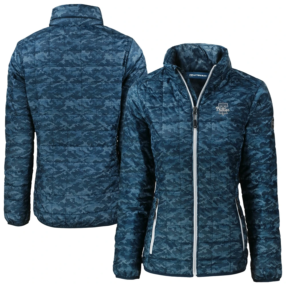 Women's Cutter & Buck Navy Philadelphia Phillies Rainier PrimaLoft Eco Insulated Full-Zip Printed Puffer Jacket