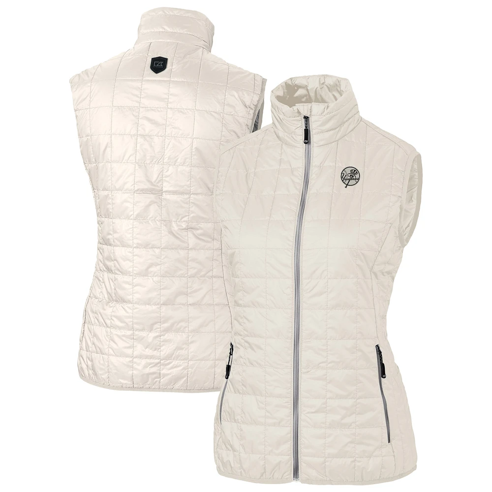 Women's Cutter & Buck Oatmeal New York Yankees Rainier PrimaLoft Eco Insulated Full-Zip Puffer Vest