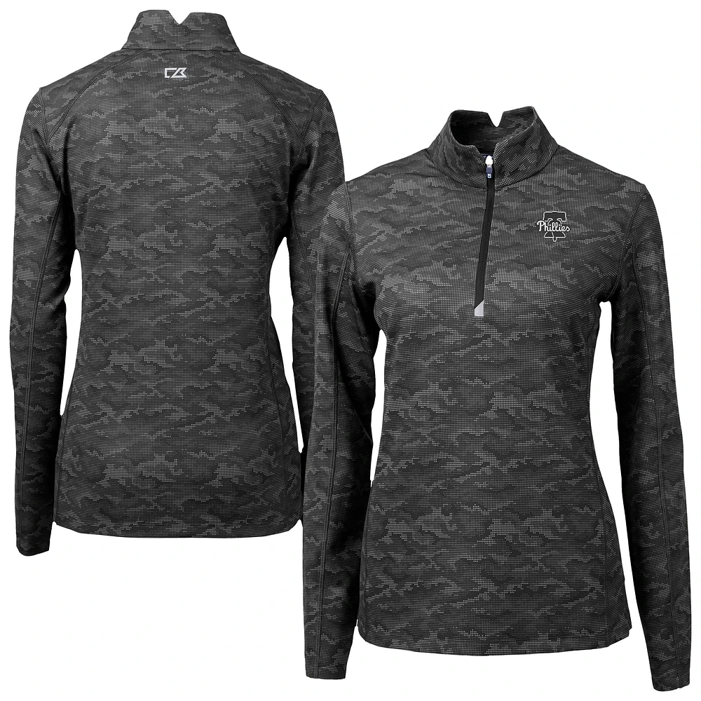 Women's Cutter & Buck Black Philadelphia Phillies Traverse Camo Print Stretch Quarter-Zip Pullover Top