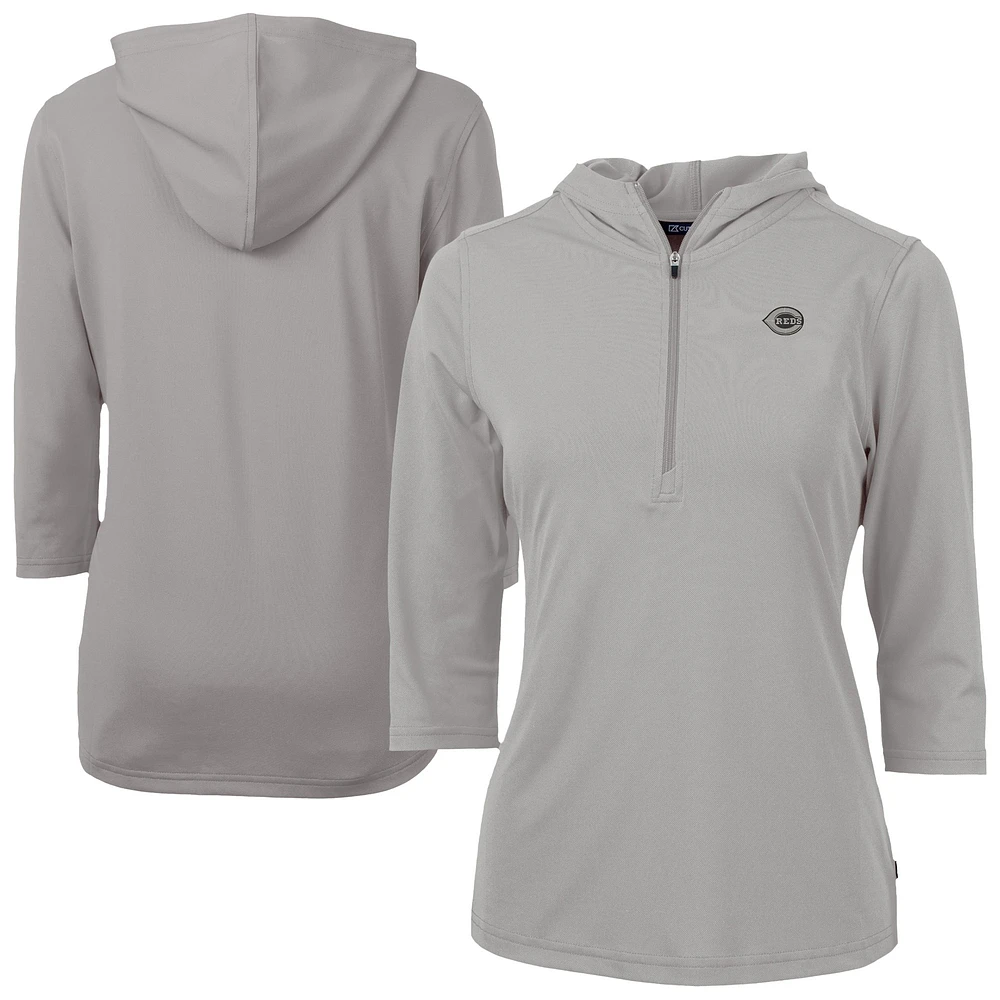 Women's Cutter & Buck Gray Cincinnati Reds Virtue Eco Pique Half-Zip 3/4 Sleeve Pullover Hoodie