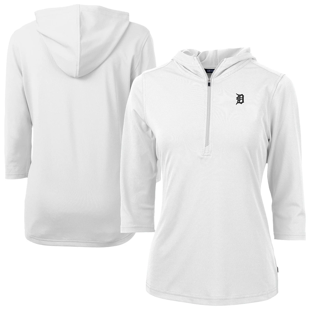 Women's Cutter & Buck White Detroit Tigers Virtue Eco Pique Half-Zip 3/4 Sleeve Pullover Hoodie