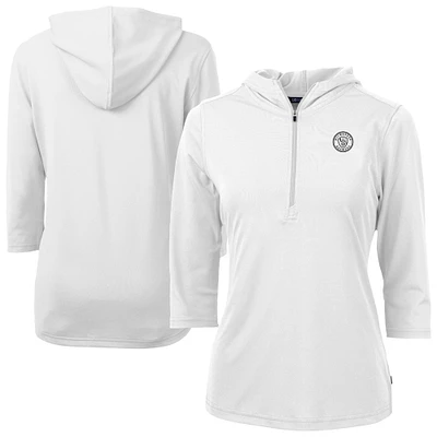 Women's Cutter & Buck White Milwaukee Brewers Virtue Eco Pique Half-Zip 3/4 Sleeve Pullover Hoodie