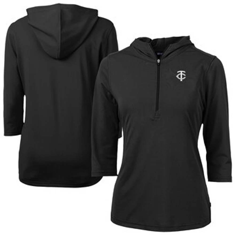Women's Cutter & Buck Black Minnesota Twins Virtue Eco Pique Half-Zip 3/4 Sleeve Pullover Hoodie
