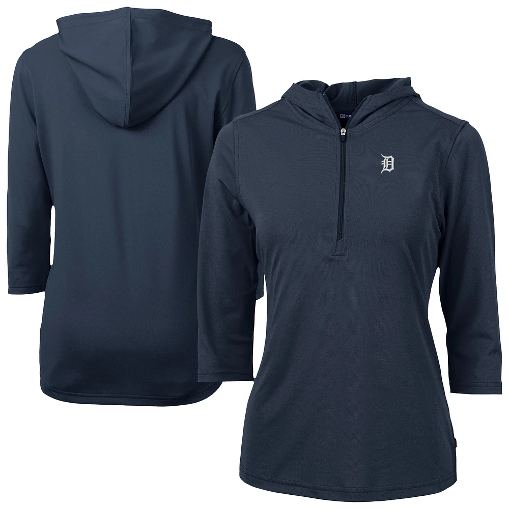 Women's Cutter & Buck Navy Detroit Tigers Virtue Eco Pique Half-Zip 3/4 Sleeve Pullover Hoodie