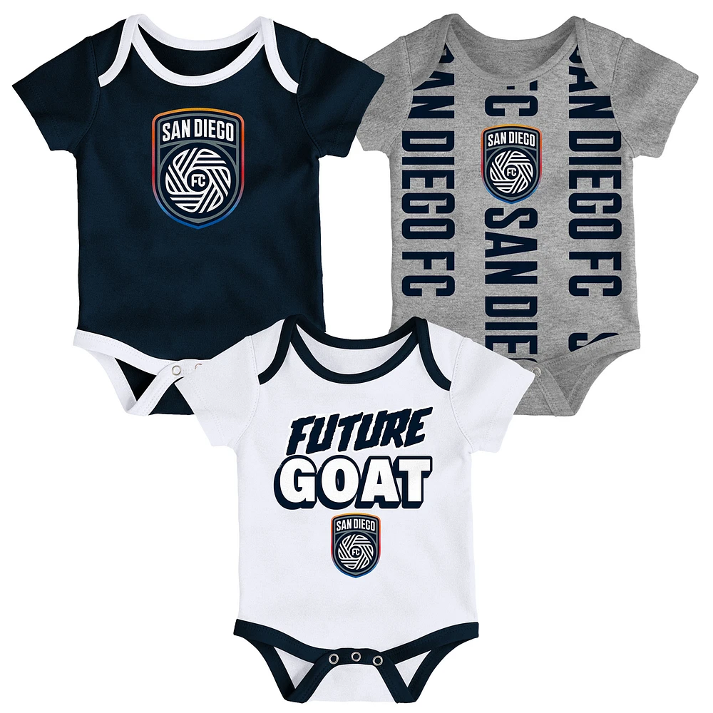 Newborn Navy/Heather Gray/White San Diego FC Loyal Buddies 3-Pack Bodysuit Set