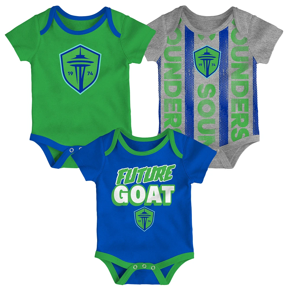 Newborn Green/Heather Gray/Blue Seattle Sounders FC Loyal Buddies 3-Pack Bodysuit Set