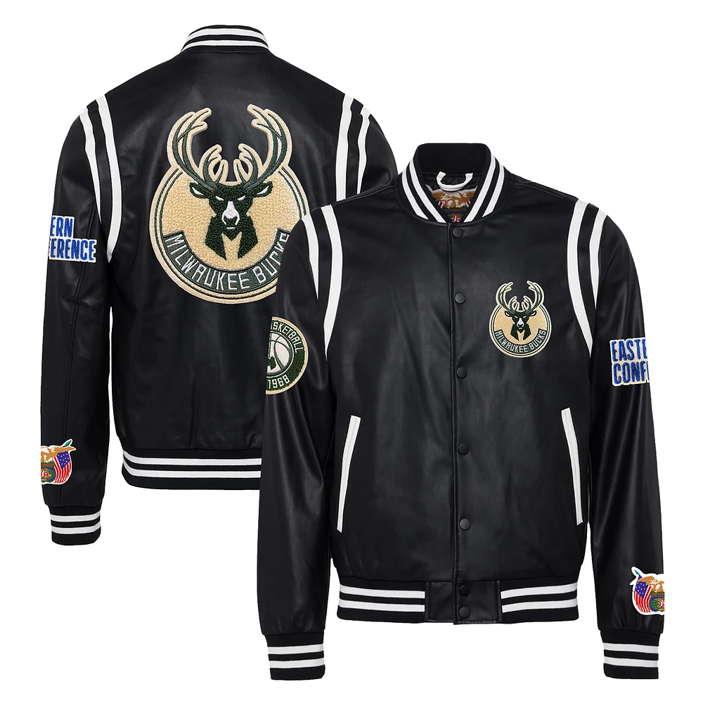 Men's Jeff Hamilton Black Milwaukee Bucks Vegan Leather Full-Snap Jacket