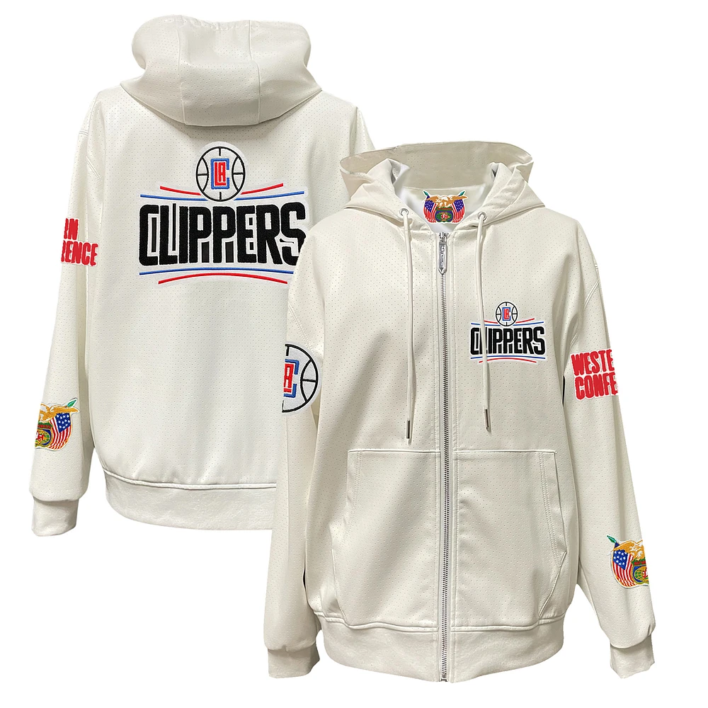 Men's Jeff Hamilton White LA Clippers Vegan Leather Full-Zip Hoodie