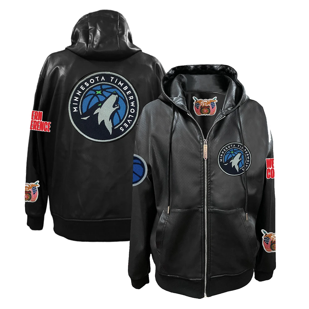Men's Jeff Hamilton Black Minnesota Timberwolves Vegan Leather Full-Zip Hoodie