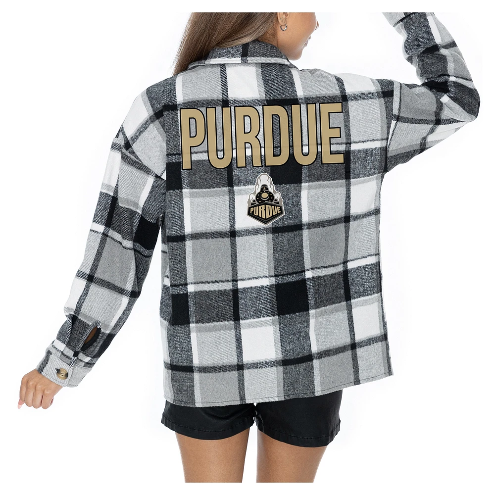 Women's Gameday Couture Grey Purdue Boilermakers Long Sleeve Brushed Plaid Button-Up Overshirt Jacket