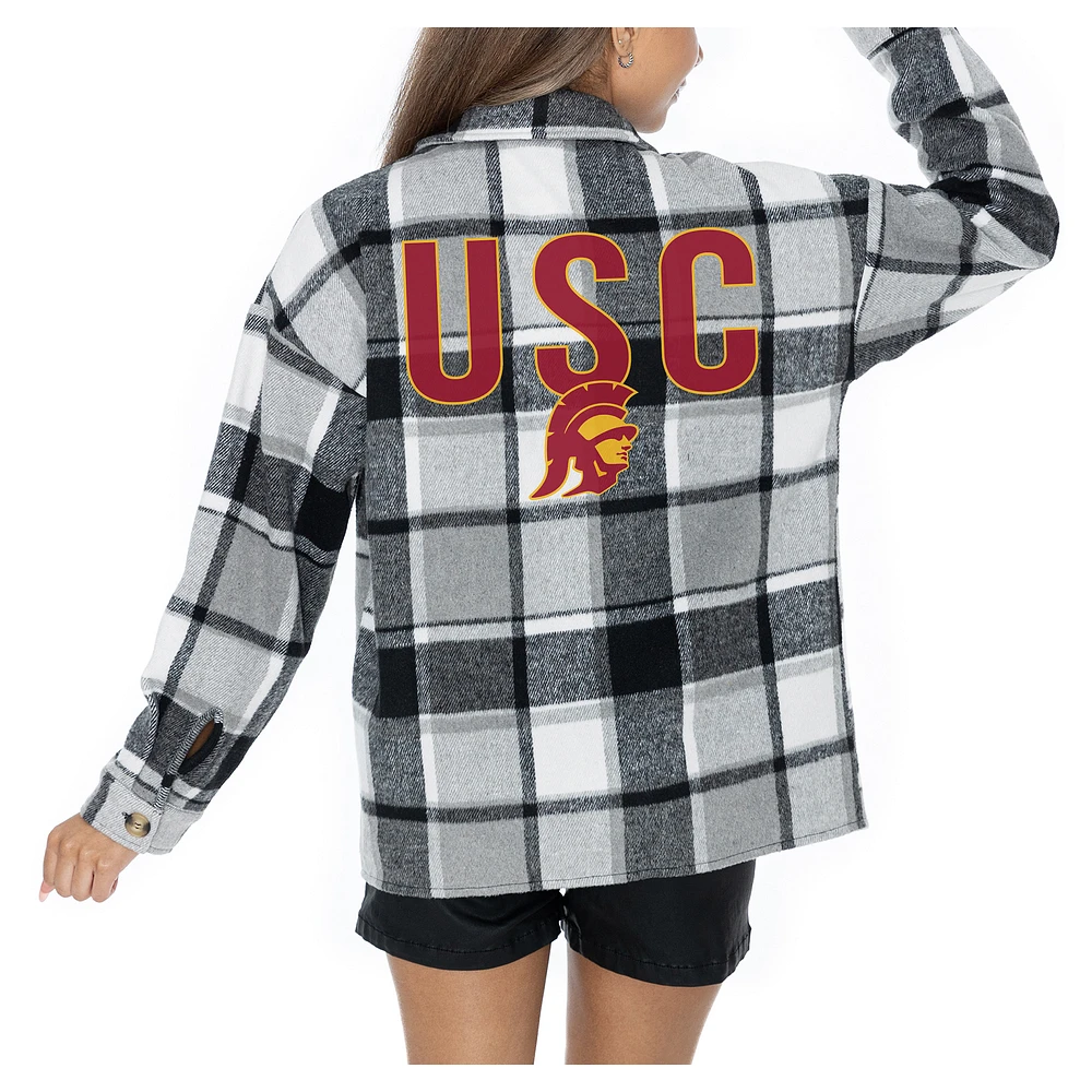 Women's Gameday Couture Grey USC Trojans Long Sleeve Brushed Plaid Button-Up Overshirt Jacket