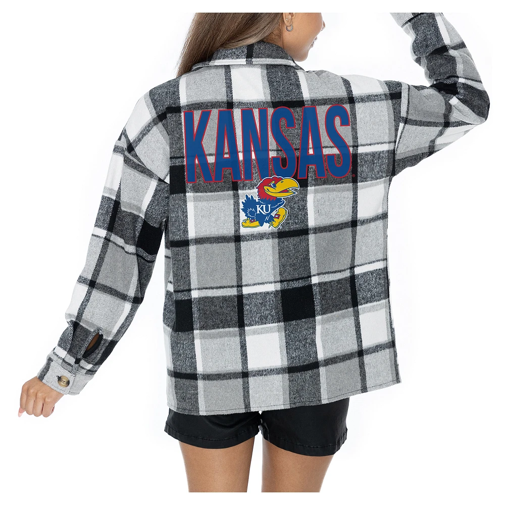 Women's Gameday Couture Grey Kansas Jayhawks Long Sleeve Brushed Plaid Button-Up Overshirt Jacket