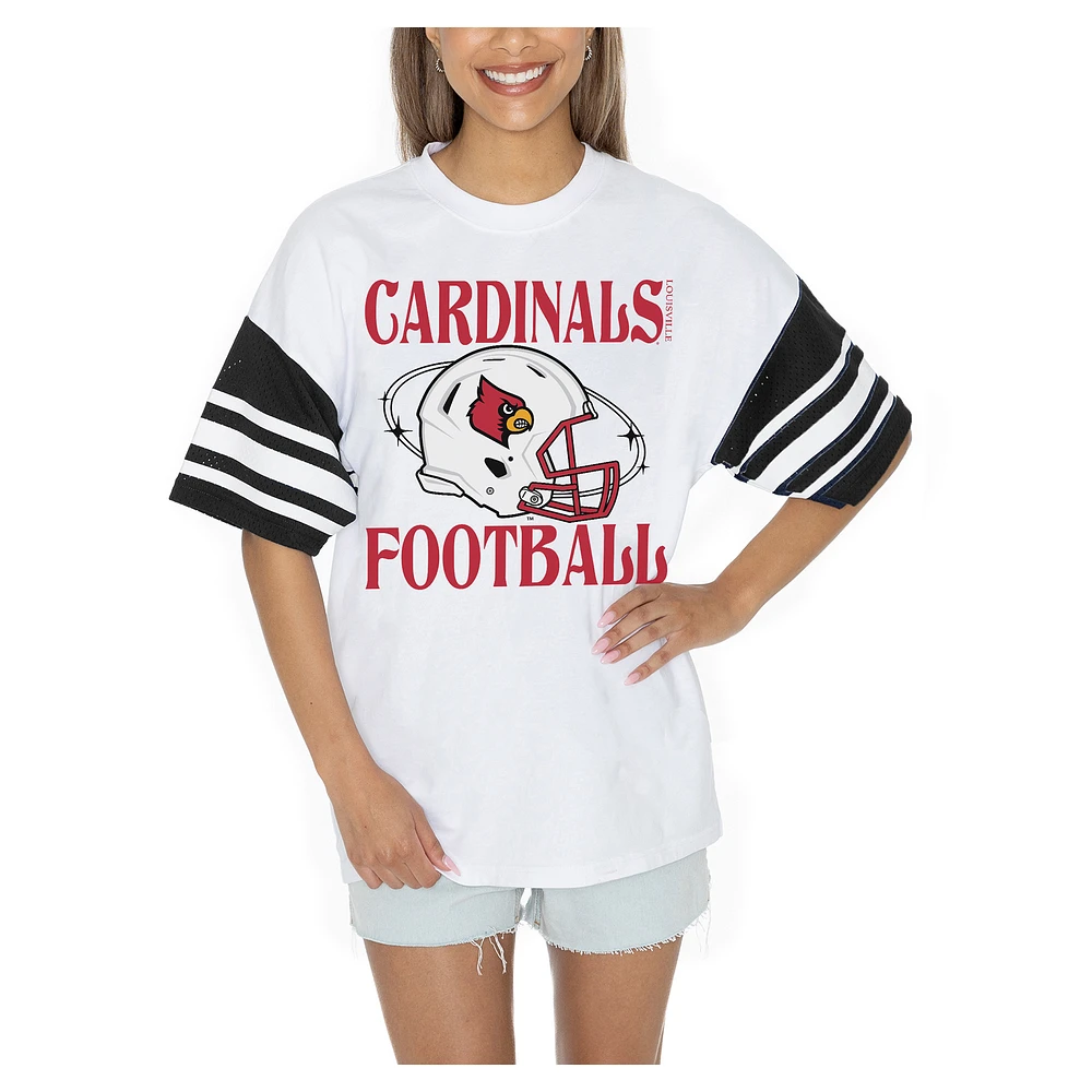 Women's Gameday Couture White Louisville Cardinals Starting Lineup Contrast Sporty Heritage Oversized T-Shirt