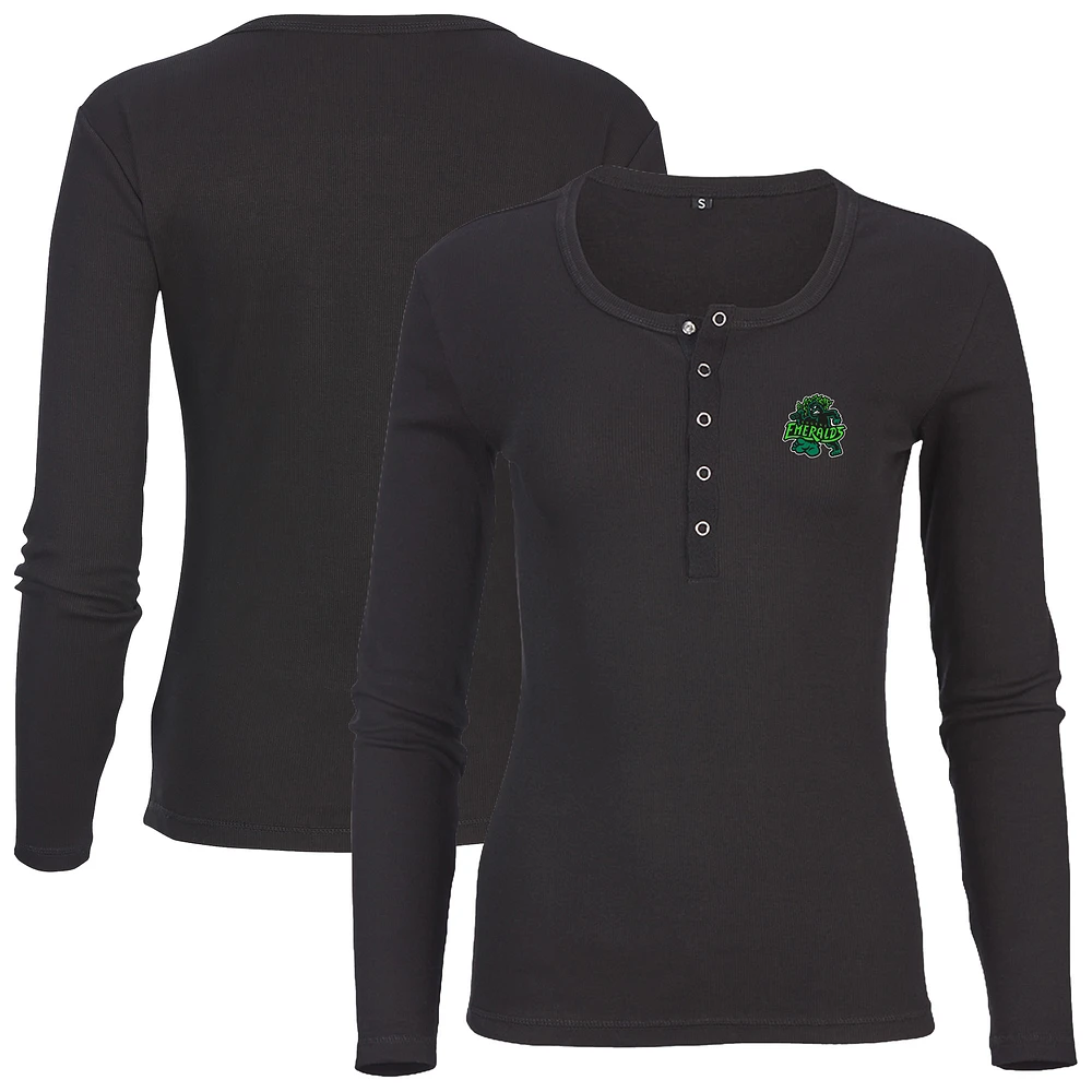 Women's Black Eugene Emeralds Harper Henley Long Sleeve T-Shirt