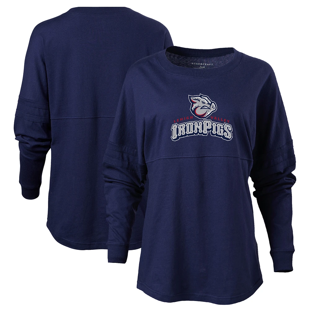 Women's Navy Lehigh Valley IronPigs Retro Jersey Long Sleeve Pom T-Shirt