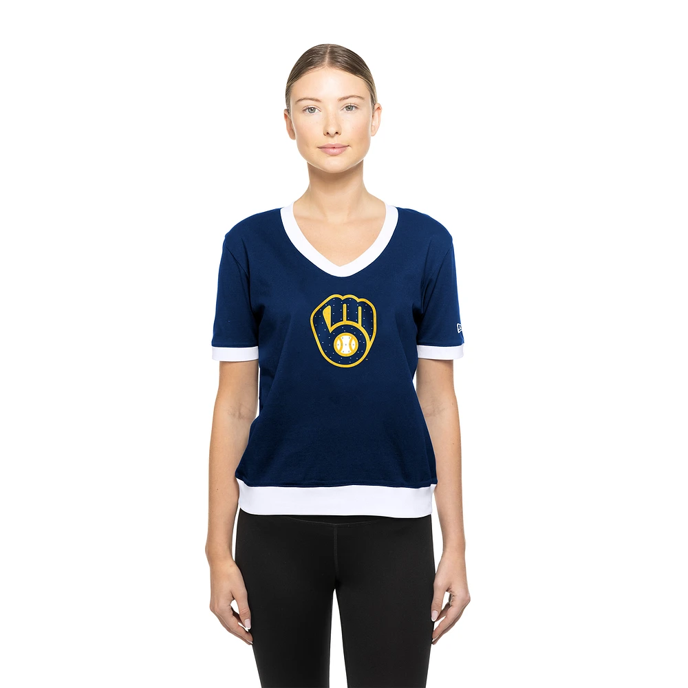 Women's New Era Navy Milwaukee Brewers Game Day Rhinestone V-Neck T-Shirt