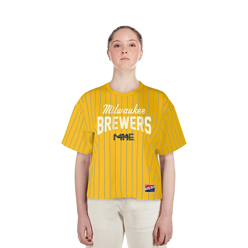 Women's New Era Gold Milwaukee Brewers City Connect Multiplier Pinstripe Cropped T-Shirt