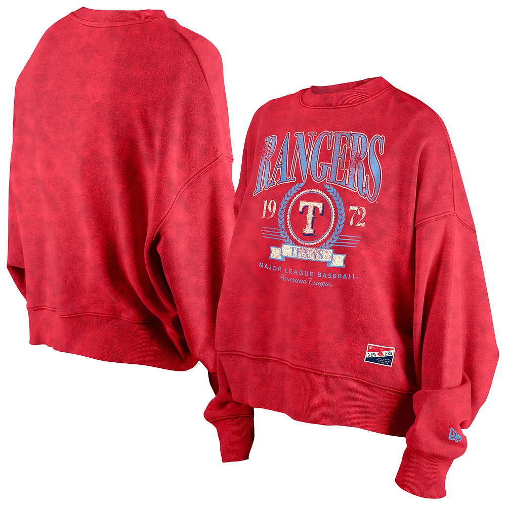Women's New Era Red Texas Rangers Throwback Boxy Enzyme Wash Fleece Crewneck Pullover