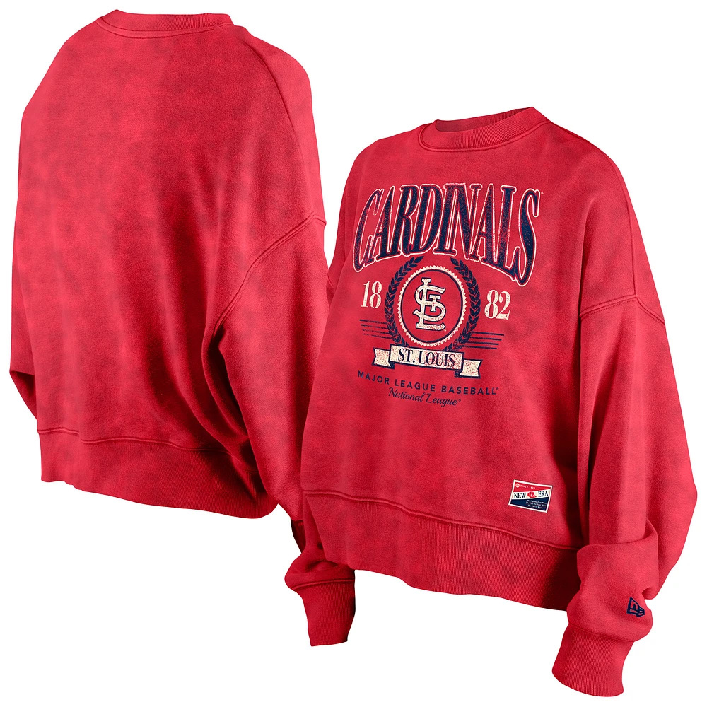 Women's New Era Red St. Louis Cardinals Throwback Boxy Enzyme Wash Fleece Crewneck Pullover