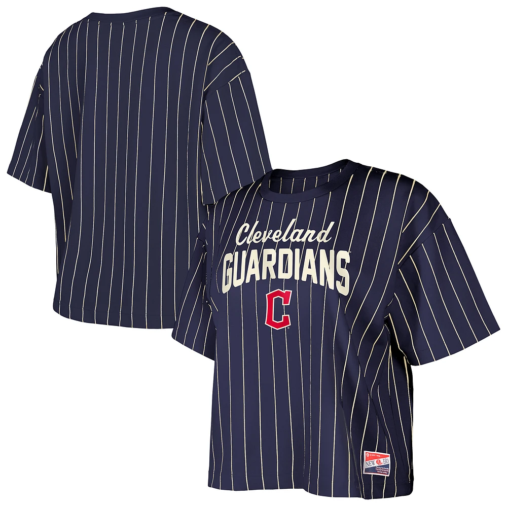 Women's New Era Navy Cleveland Guardians Cooperstown Collection Multiplier Pinstripe Cropped T-Shirt