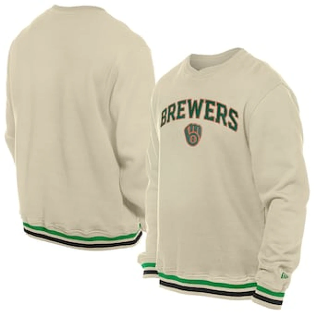 Men's New Era Cream Milwaukee Brewers St. Patrick's Day Twill Pullover Sweatshirt