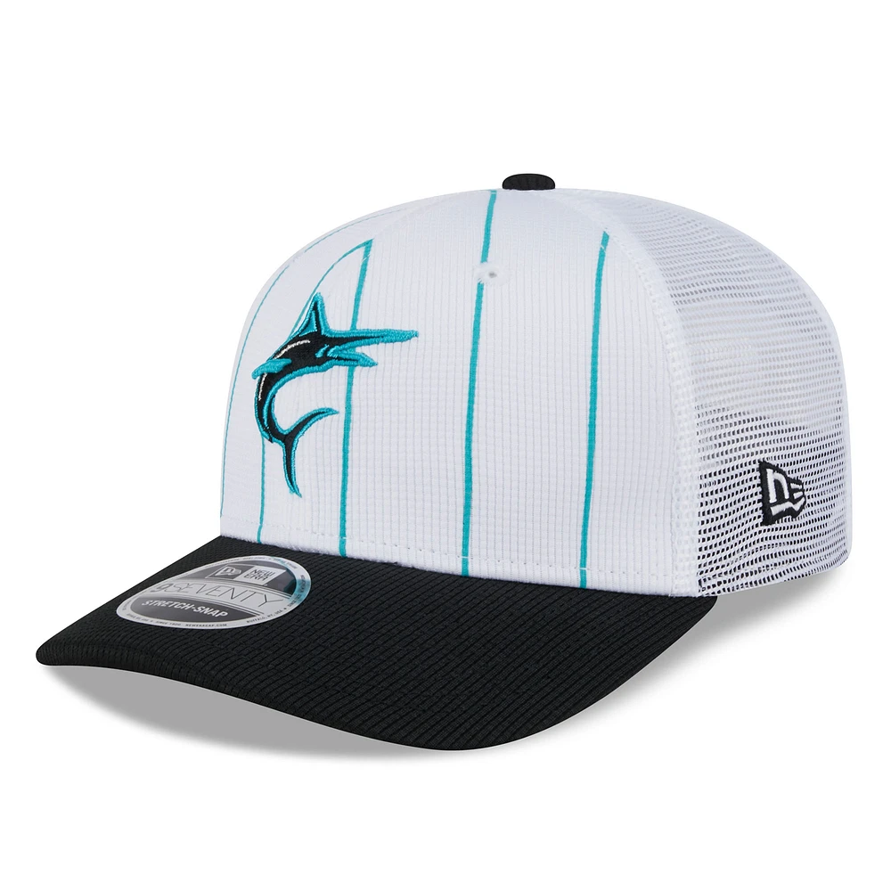 Men's New Era White/Black Miami Marlins 2025 Batting Practice 9SEVENTY Stretch-Snap Trucker Hat