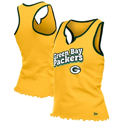 Women's New Era Gold Green Bay Packers Lettuce Hem Notch Neck Tri-Blend Tank Top
