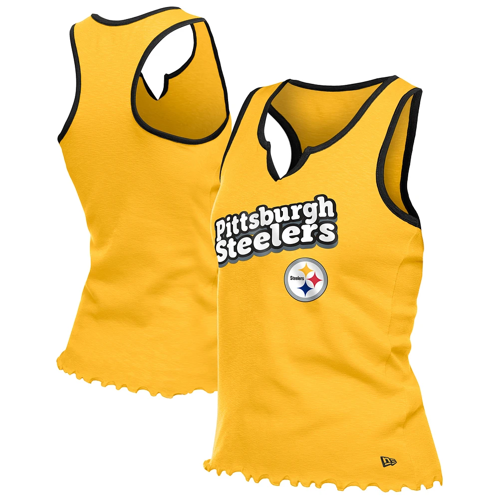 Women's New Era Gold Pittsburgh Steelers Lettuce Hem Notch Neck Tri-Blend Tank Top