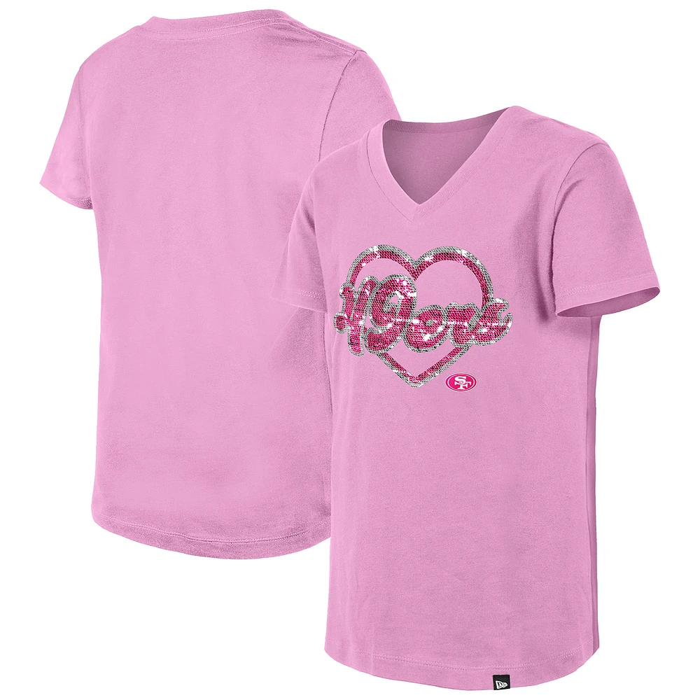Girls Youth New Era Pink San Francisco 49ers Flip Sequins V-Neck T-Shirt