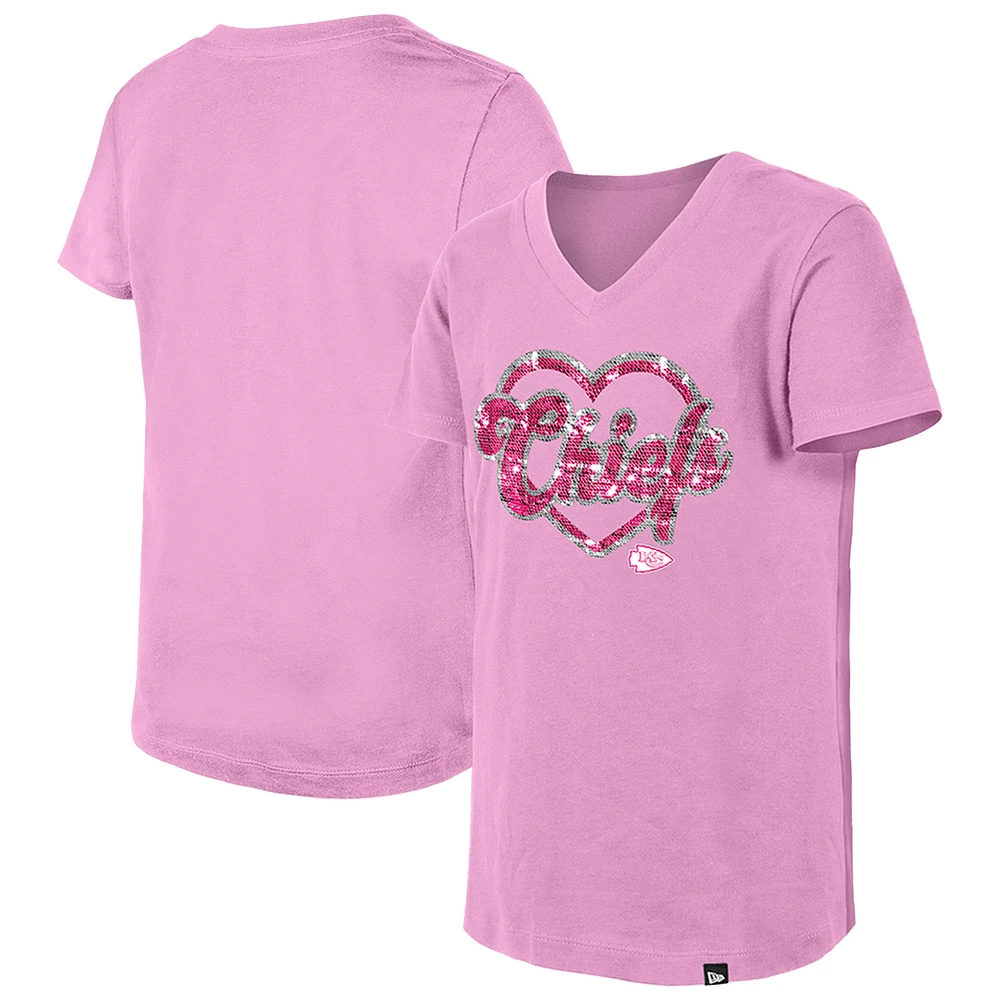 Girls Youth New Era Pink Kansas City Chiefs Flip Sequins V-Neck T-Shirt