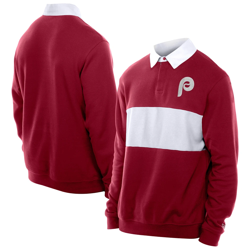 Men's New Era Dark Red Philadelphia Phillies Throwback Prep Colorblock Rugby Polo
